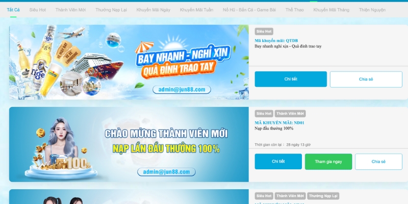 Jun88 tổ chức nhiều chương trình khuyến mãi hấp dẫn